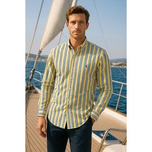 Ralph Lauren Classic‎ Fit Men Medium Button Down Shirt Blue Yellow Striped Pony